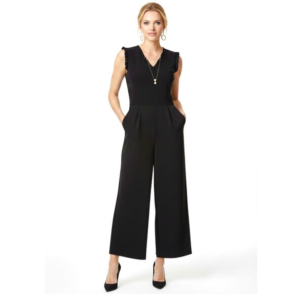 Calvin Klein Pants - Calvin Klein Black Ruffle V-Neck Wide Leg Jumpsuit - Size 6